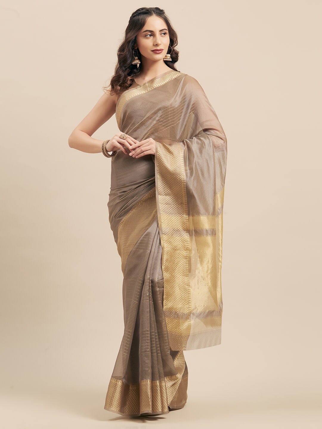 

Shaily Striped Zari Saree, Grey