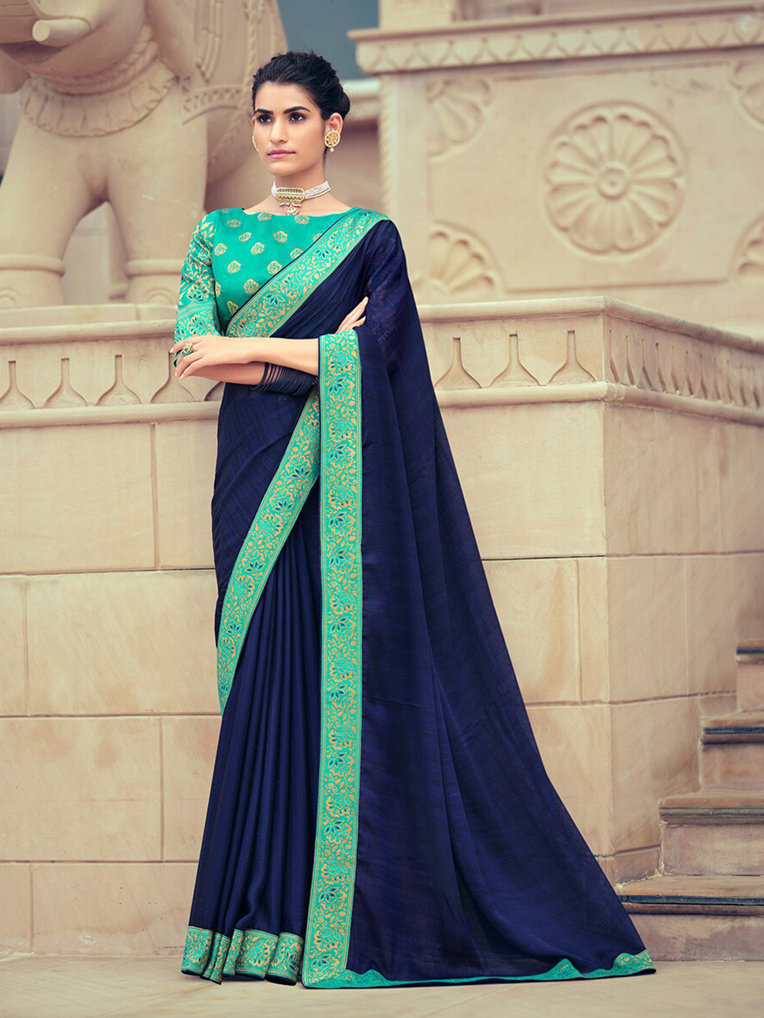 

Shaily Zari Pure Chiffon Saree, Navy blue