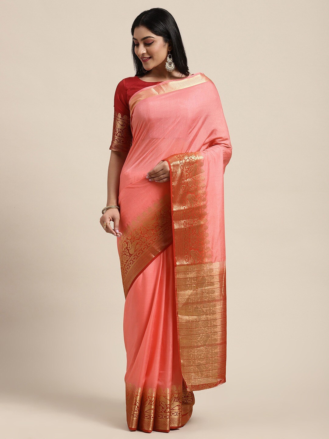 

Shaily Woven Designed Bordered Zari Saree, Pink