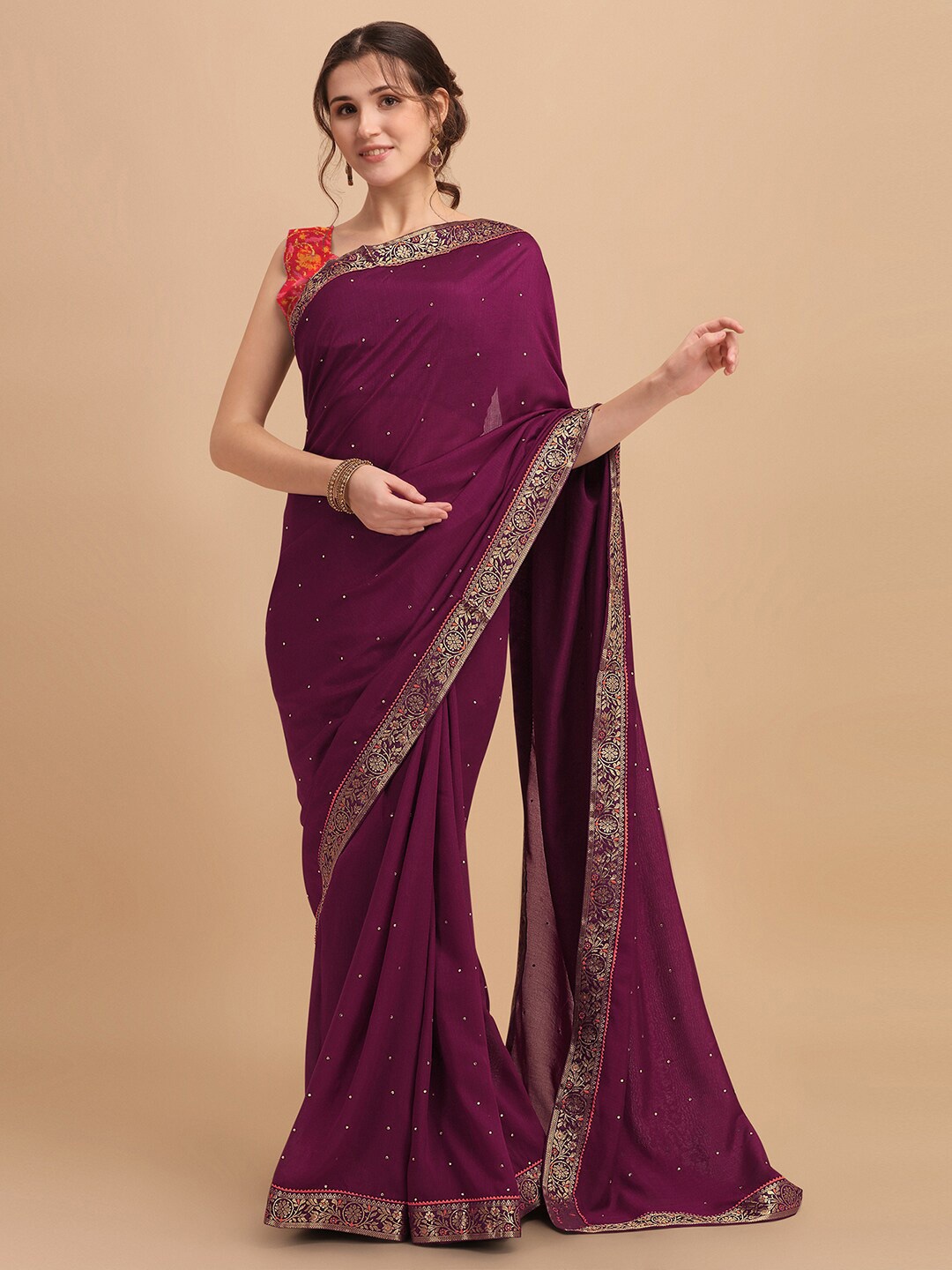 

Shaily Floral Embellished Beads and Stones Art Silk Saree, Purple