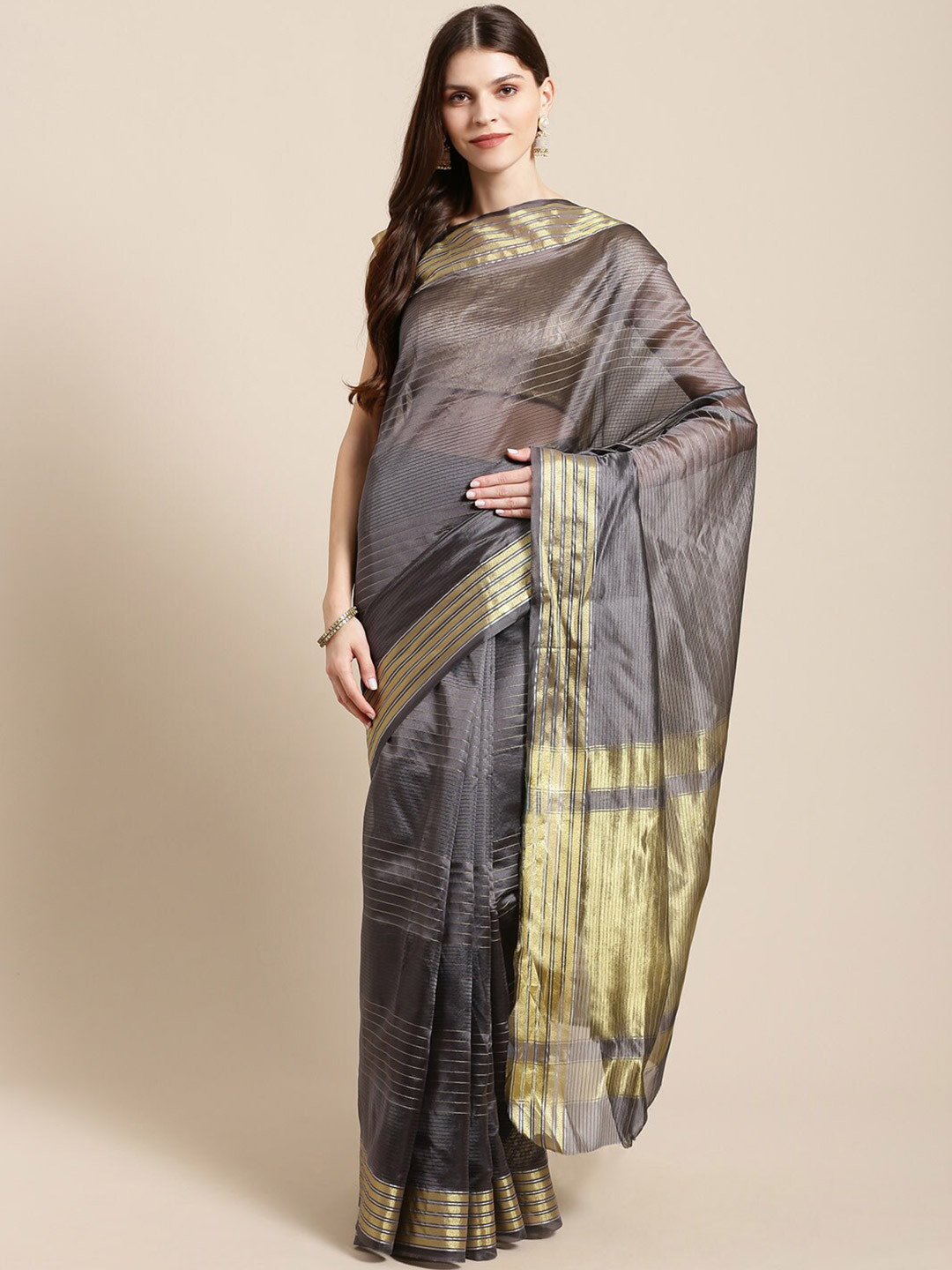 

Shaily Striped Zari Saree, Grey
