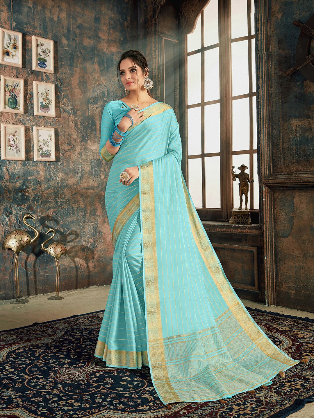 

Shaily Striped Zari Saree, Blue