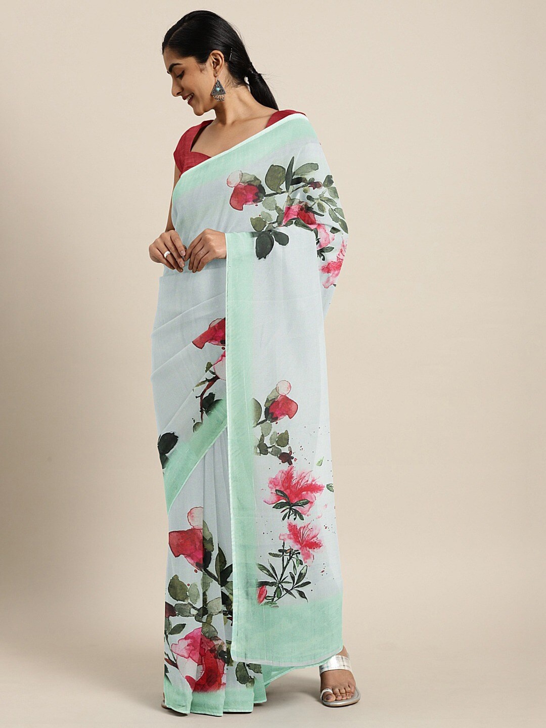 

Shaily Floral Printed Organza Saree, Green