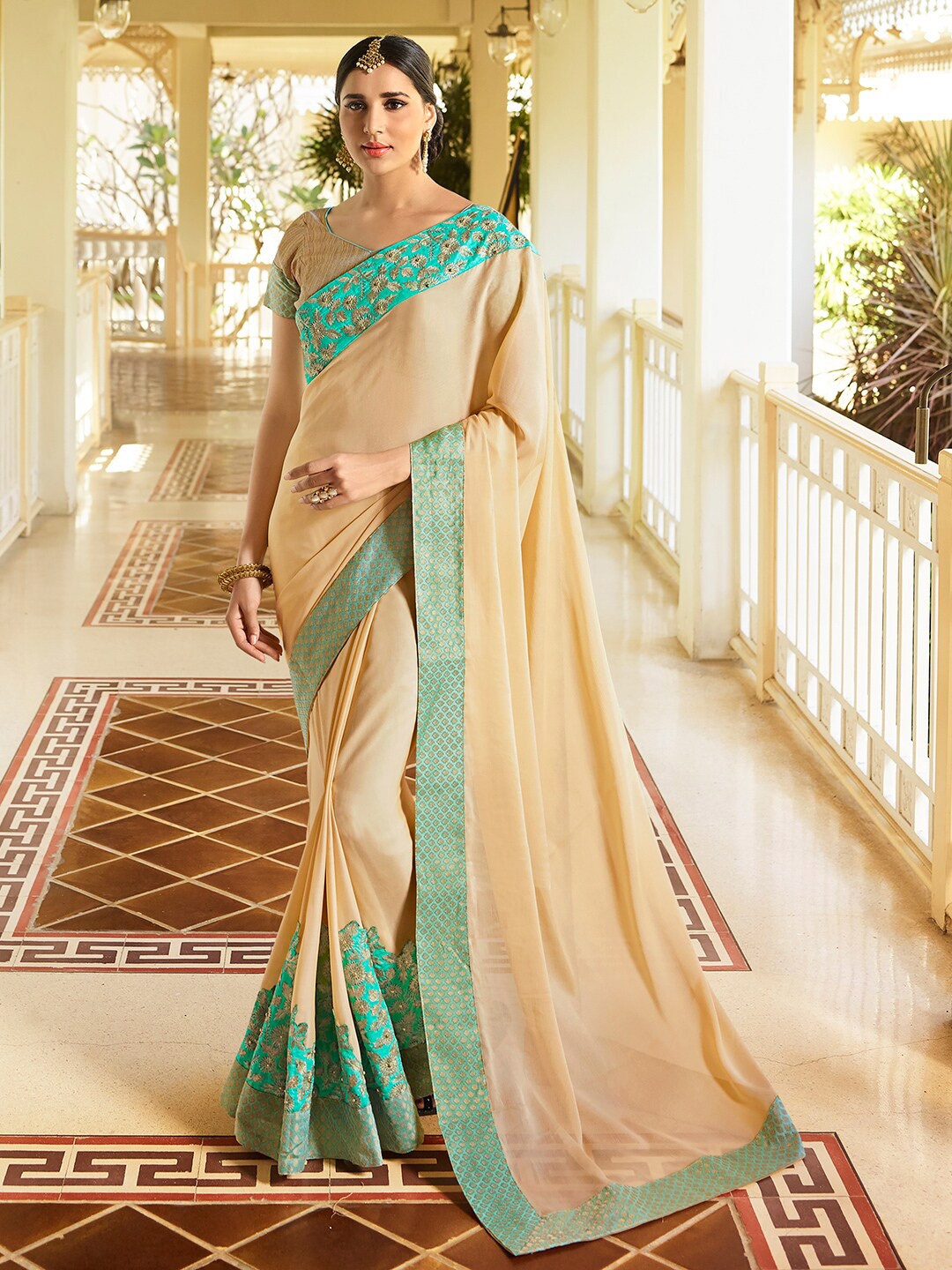 

Shaily Beads and Stones Saree, Beige