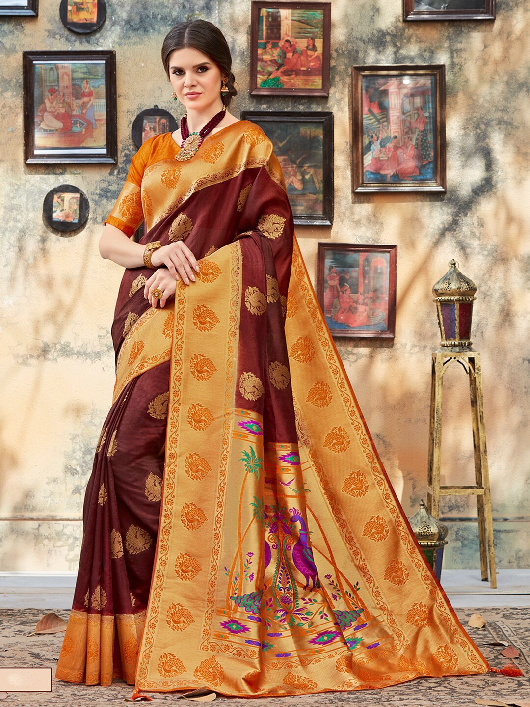 

Shaily Ethnic Motifs Woven Design Zari Art Silk Saree, Brown