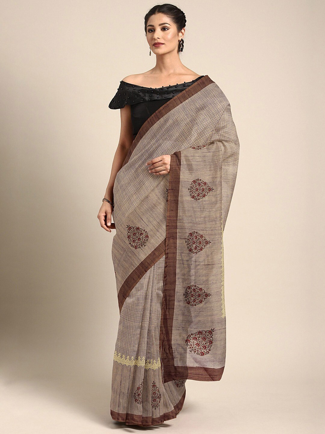 

Shaily Checked Printed Saree, Brown