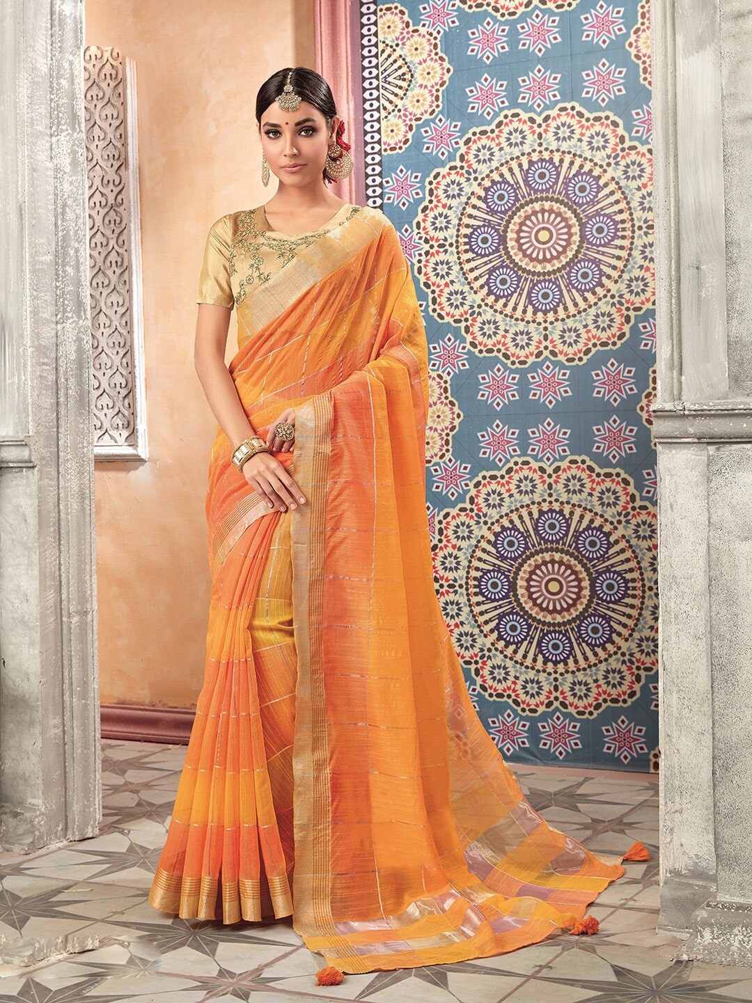 

Shaily Checked Zari Pure Linen Saree, Orange