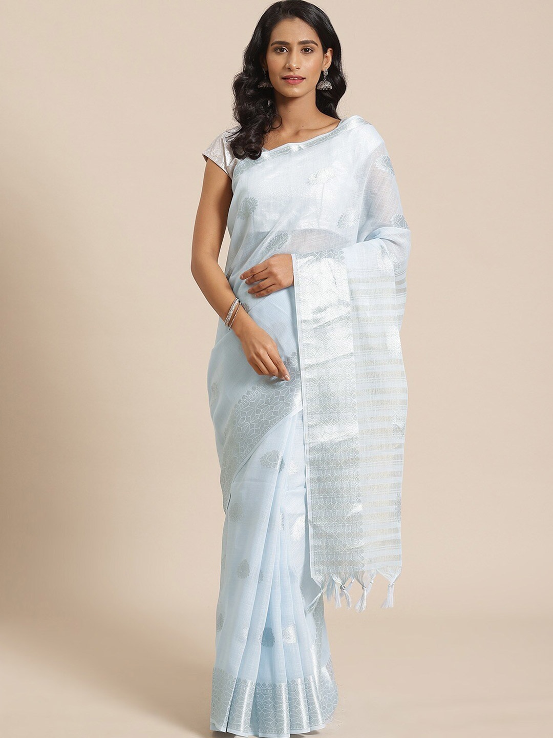 

Shaily Floral Ethnic Motifs Woven Design Zari Linen Cotton Saree, Blue