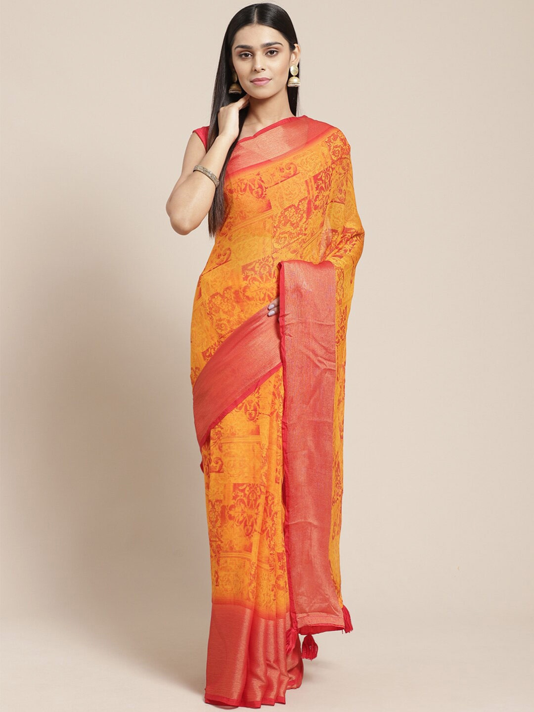 

Shaily Ethnic Motifs Printed Zari Saree, Mustard