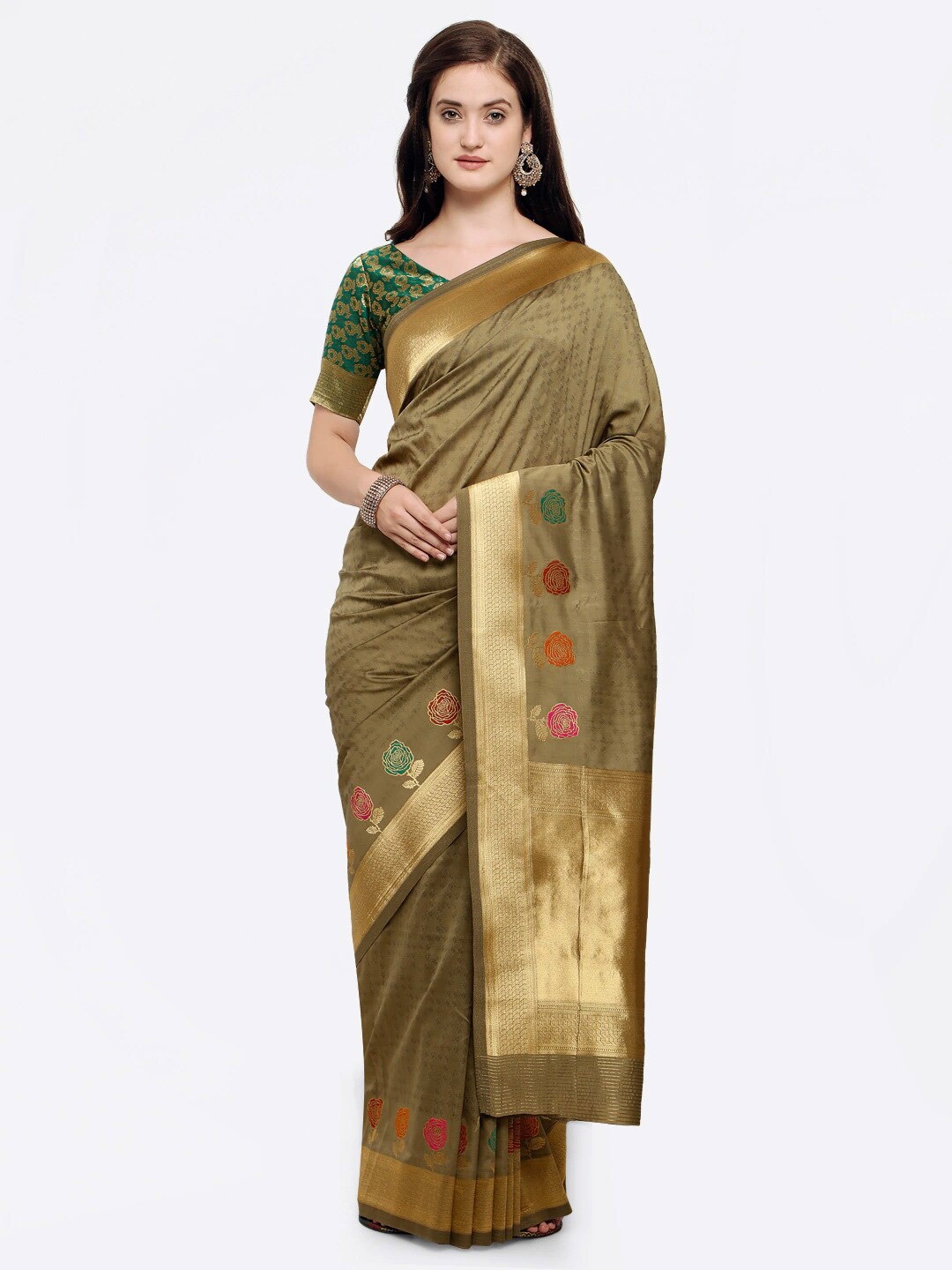 

Shaily Ethnic Motifs Woven Design Zari Saree, Olive