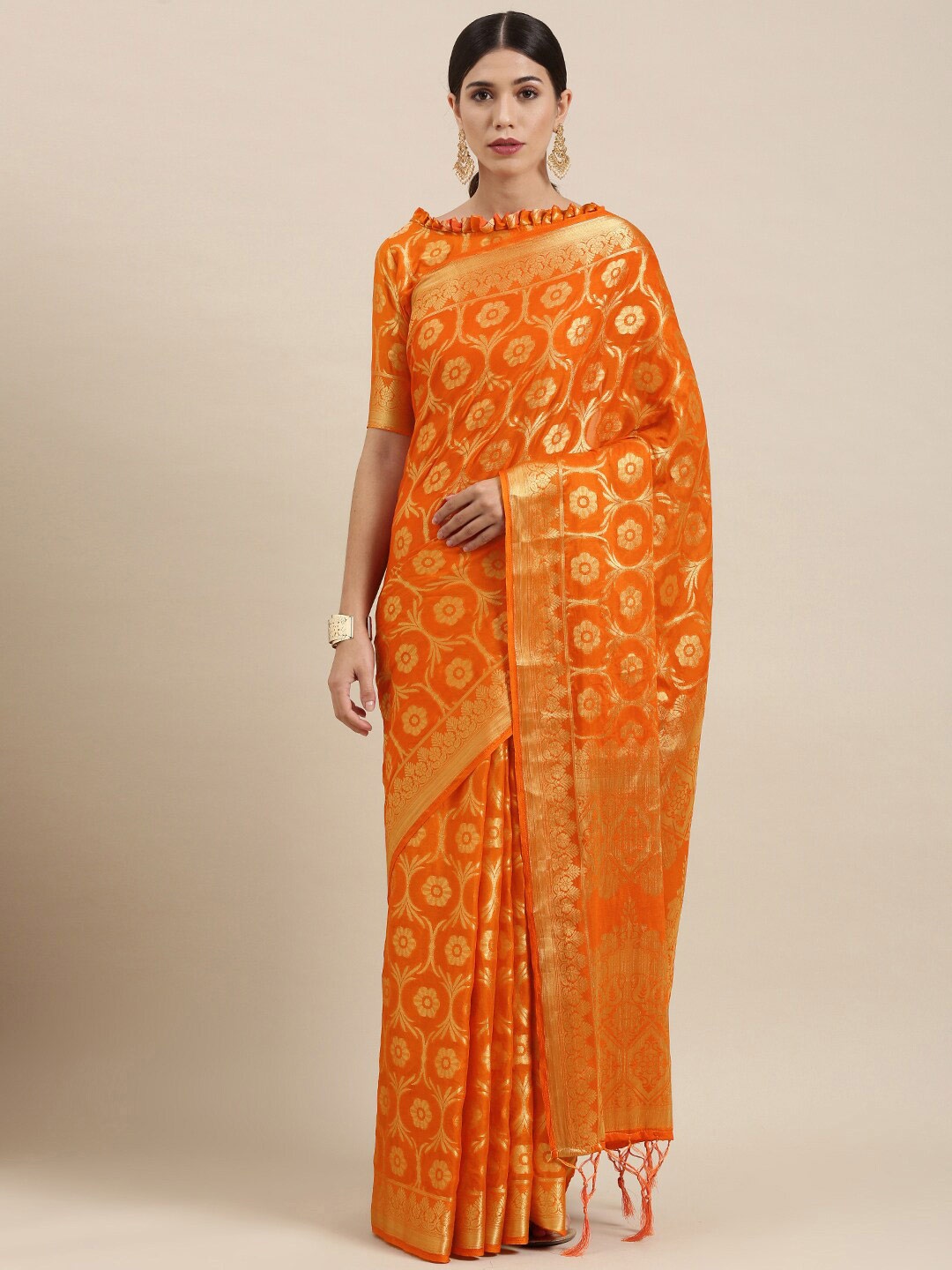 

Shaily Ethnic Motifs Woven Design Zari Saree, Orange