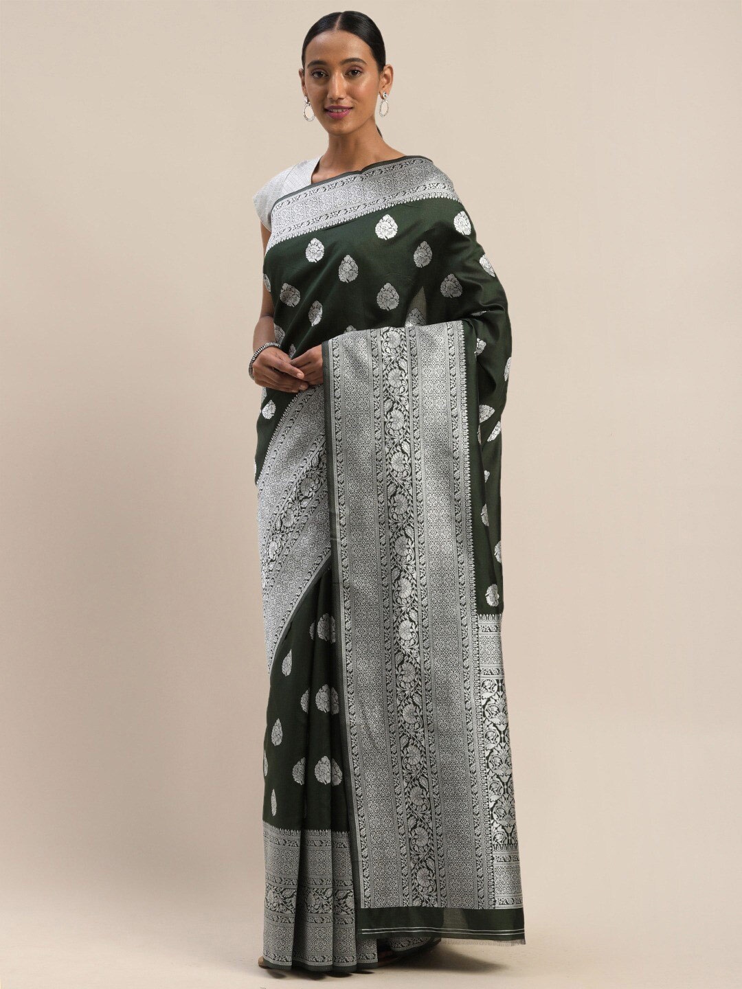 

Shaily Ethnic Motifs Woven Design Zari Saree, Green