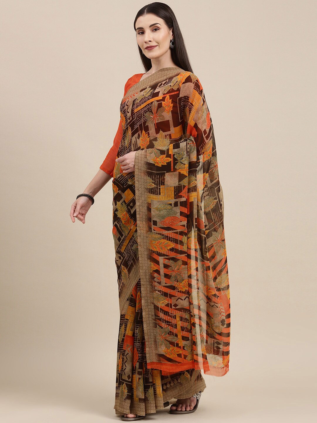 

Shaily Floral Printed Georgette Saree, Brown