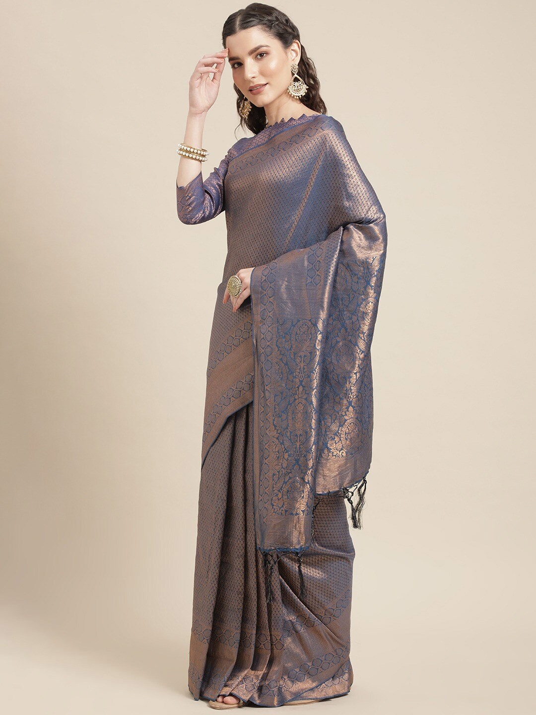 

Shaily Woven Design Zari Silk Blend Saree, Navy blue
