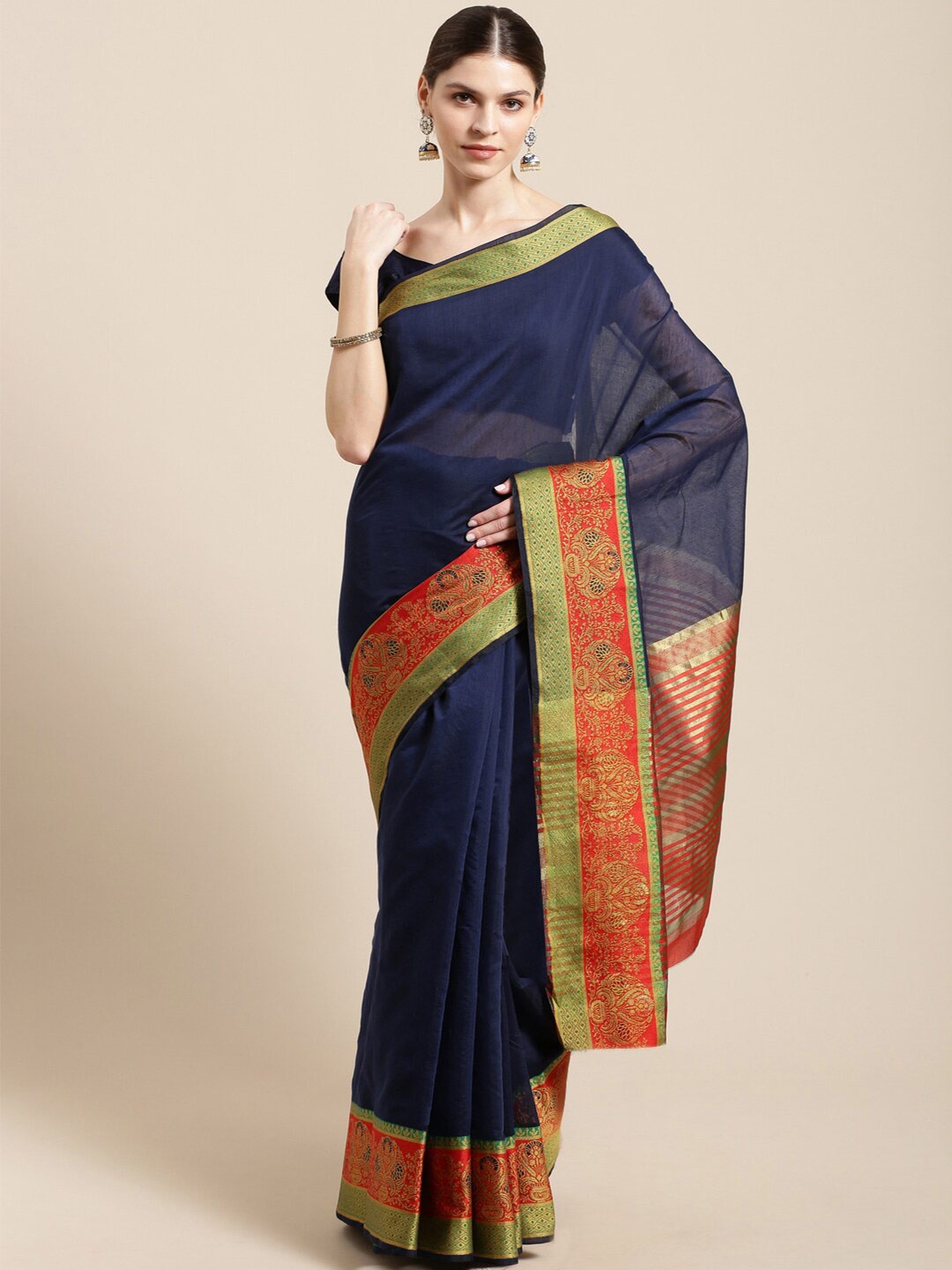 

Shaily Woven Designed Bordered Zari Silk Cotton Kanjeevaram Saree, Navy blue