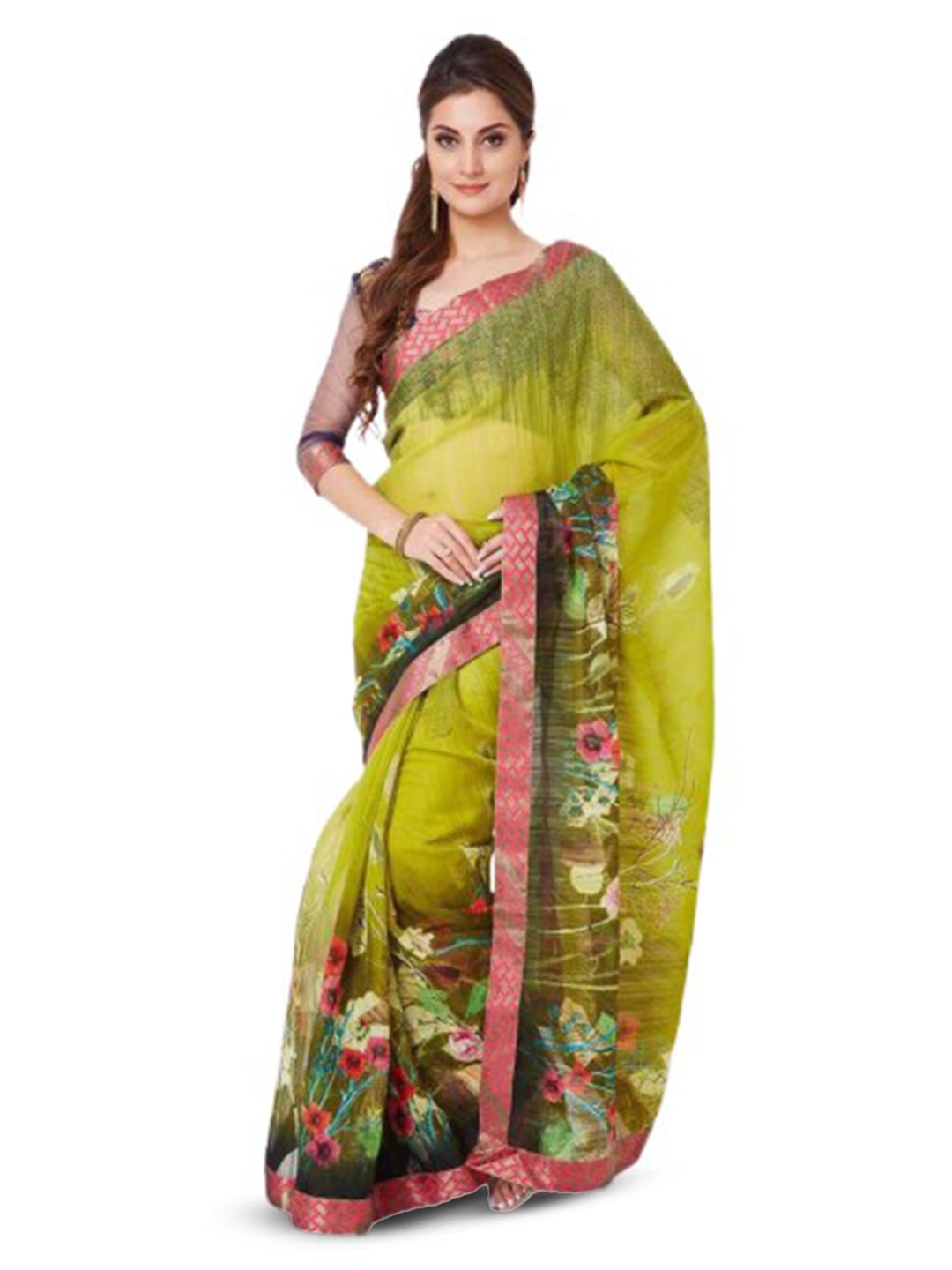 

Shaily Floral Printed Zari Saree, Olive