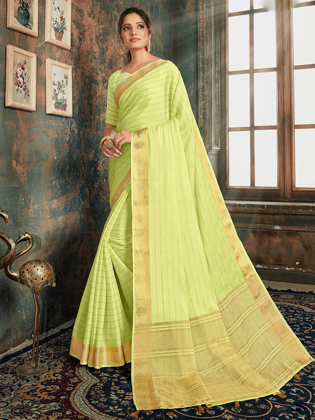 

Shaily Striped Zari Silk Blend Saree, Green