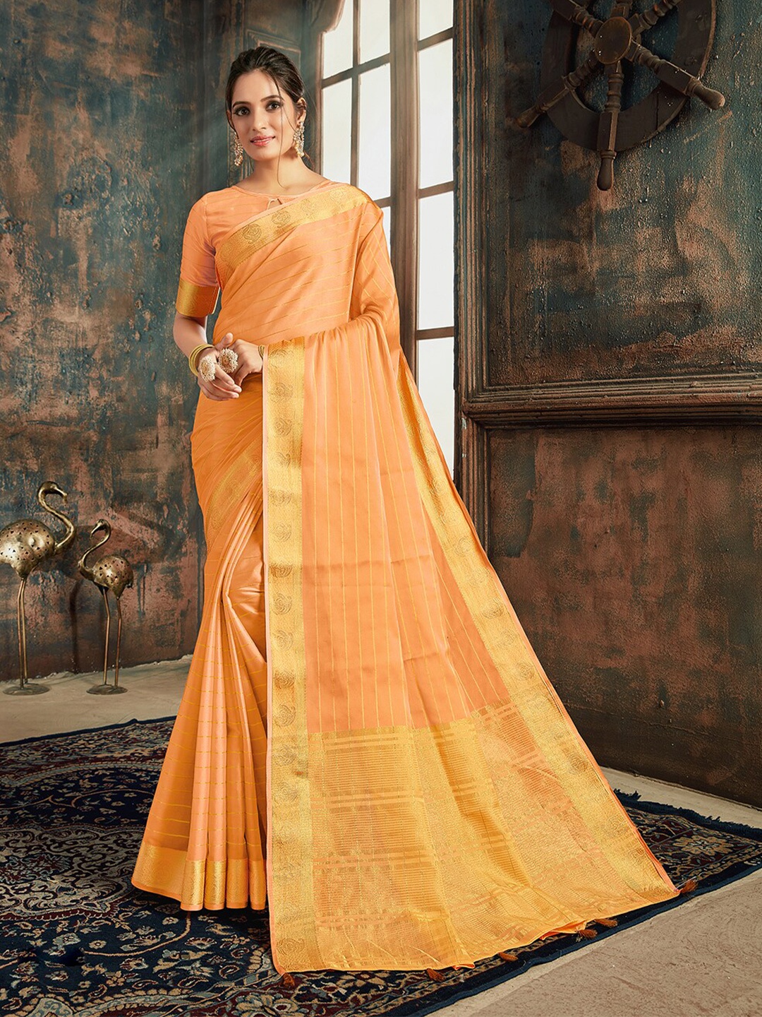 

Shaily Striped Zari Saree, Peach