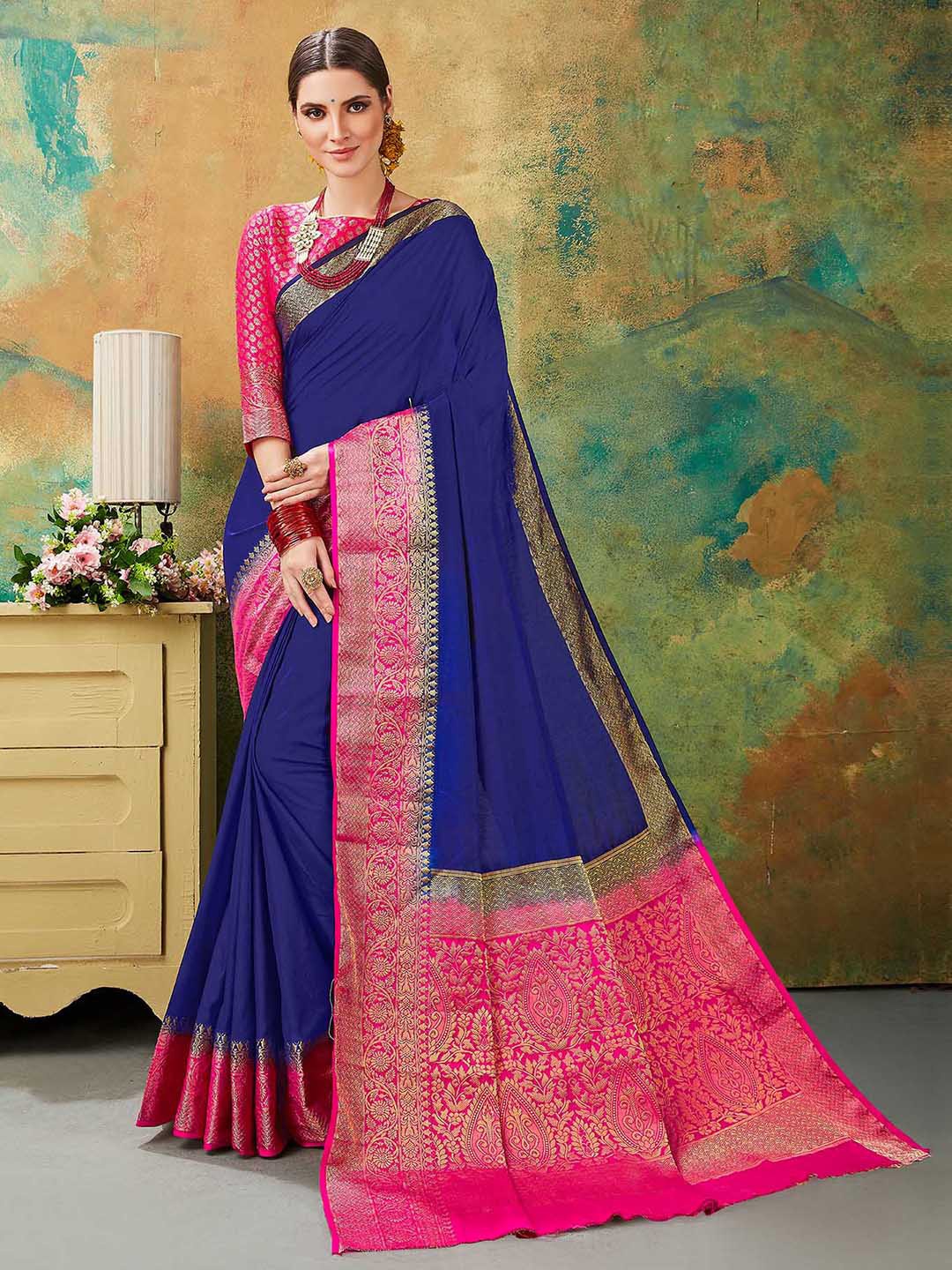 

Shaily Woven Designed Bordered Zari Kanjeevaram Saree, Blue