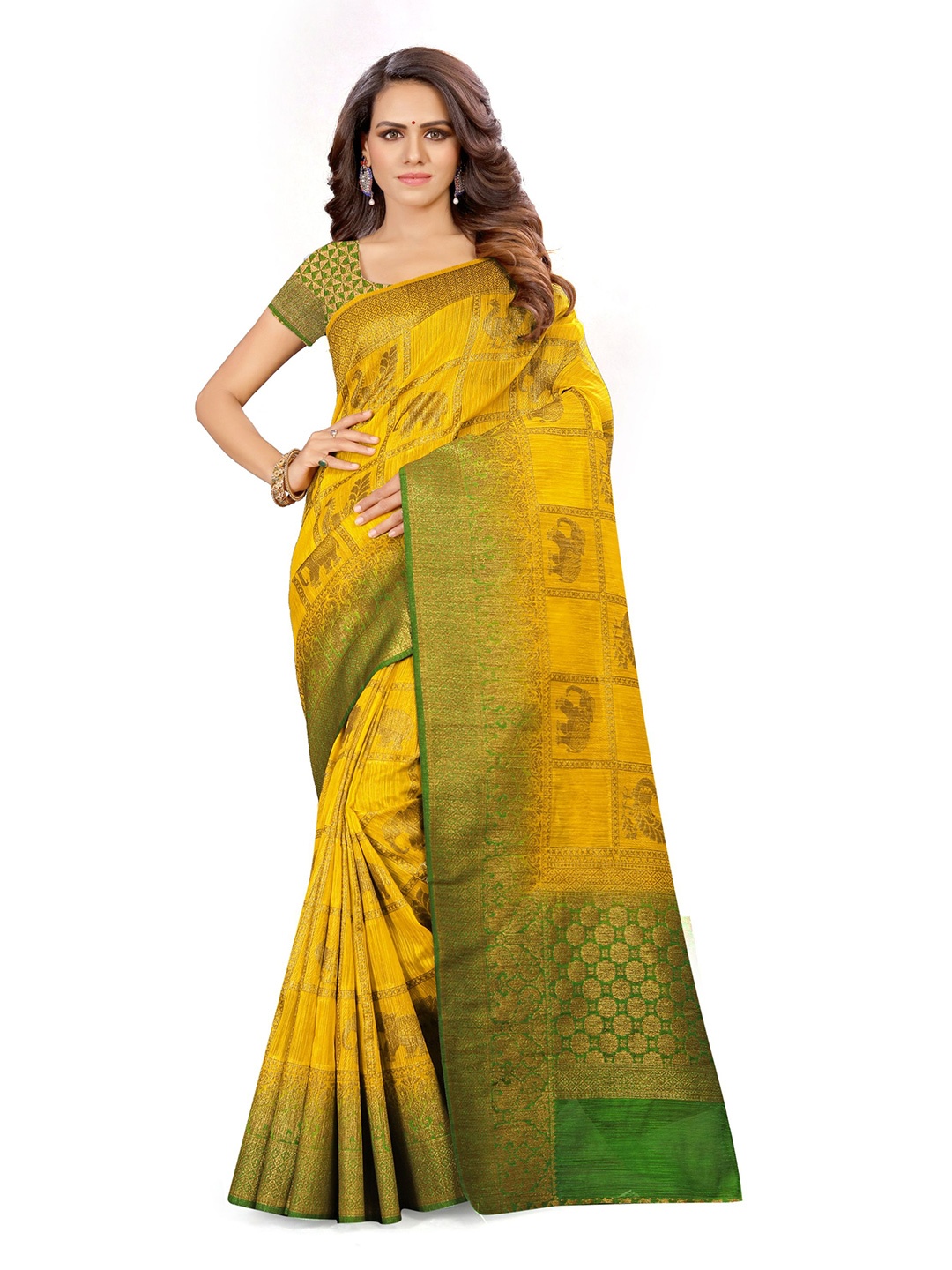 

Shaily Ethnic Motifs Woven Designed Zari Kanjeevaram Saree, Mustard