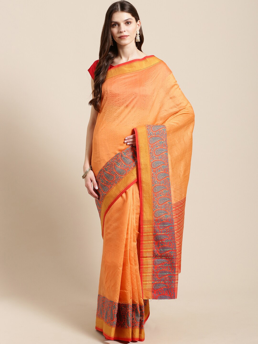 

Shaily Woven Designed Bordered Zari Kanjeevaram Saree, Peach