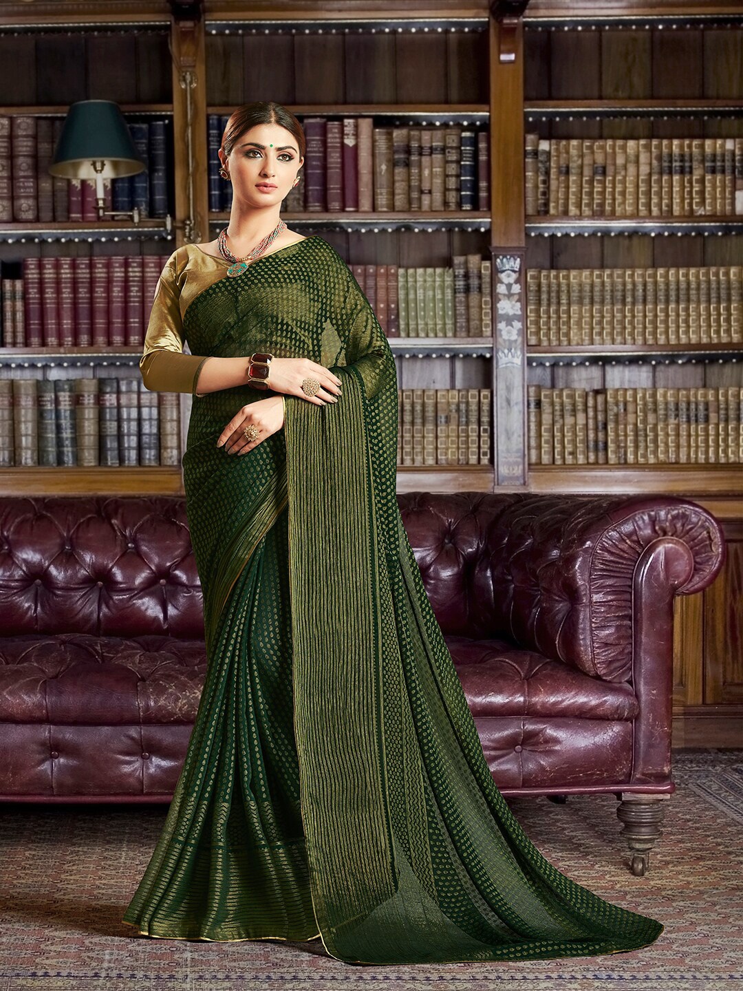 

Shaily Ethnic Motifs Woven Design Zari Brasso Saree, Olive