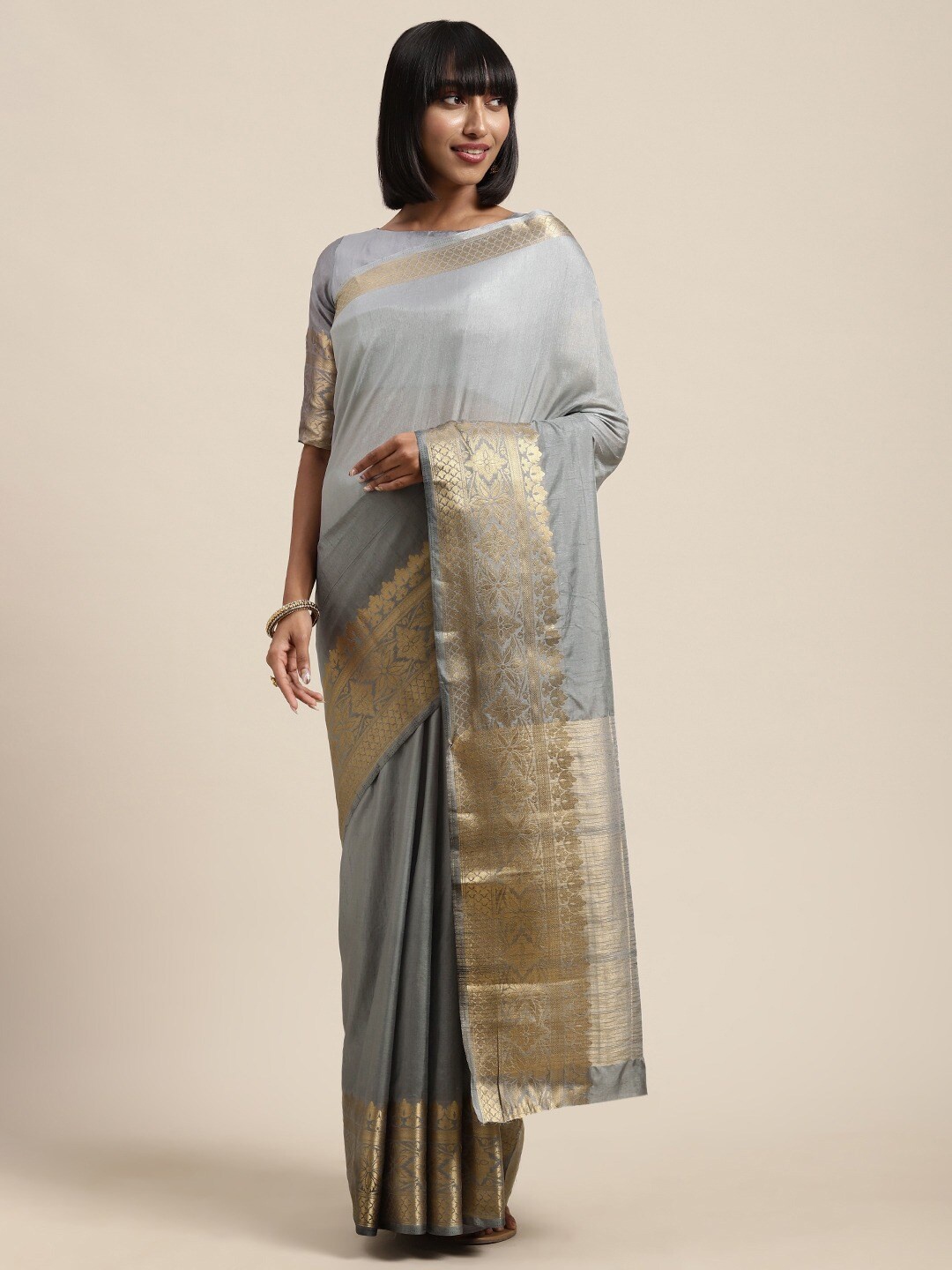 

Shaily Zari Silk Blend Saree, Grey