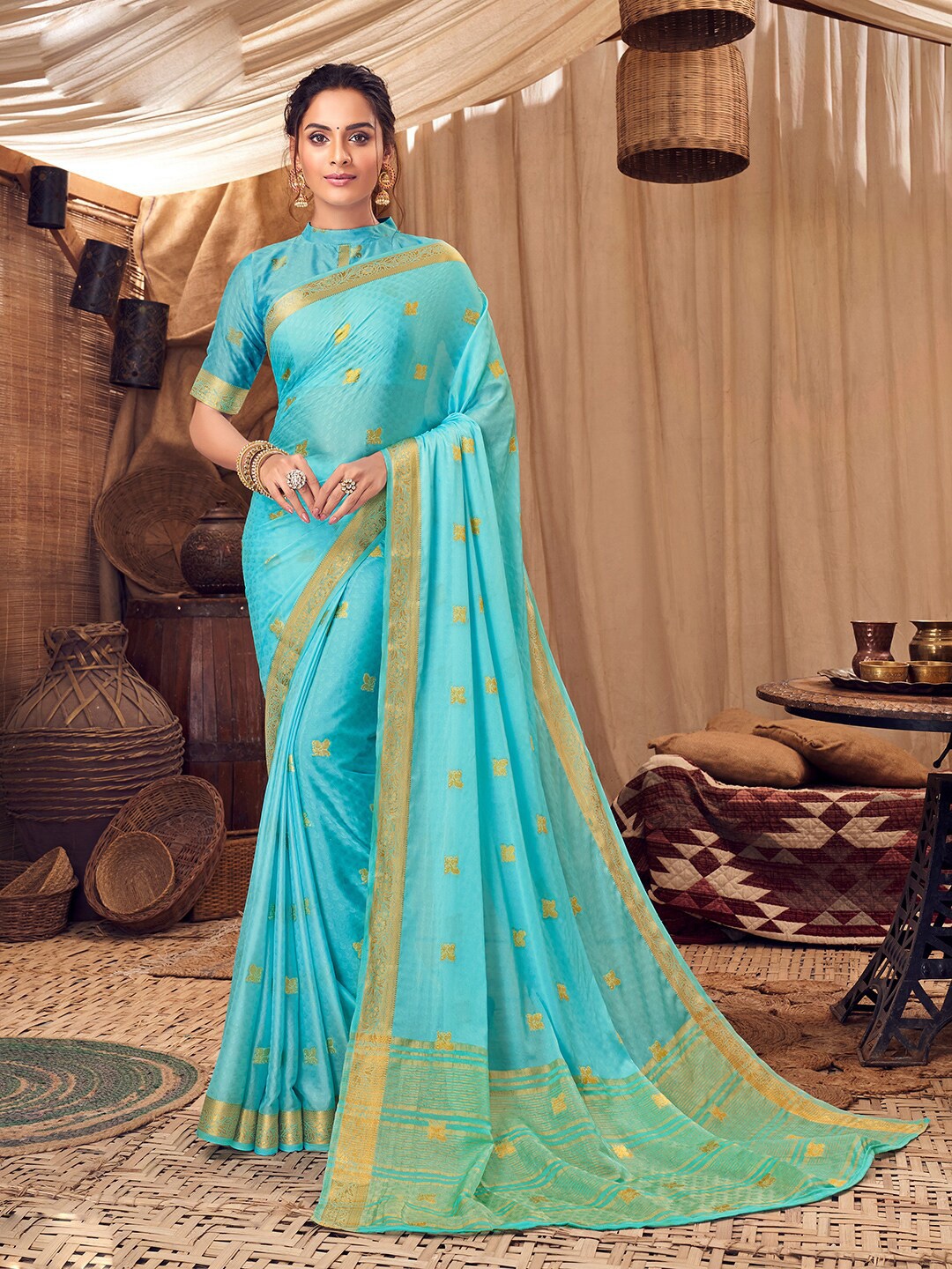 

Shaily Ethnic Motifs Woven Design Zari Saree, Blue