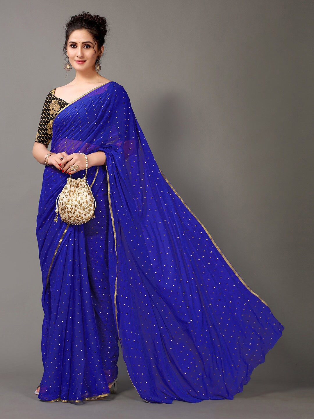 

Shaily Polka Dot Printed Embroidered Saree, Blue