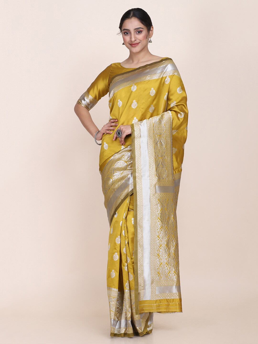 

Shaily Ethnic Motifs Woven Designed Zari Silk Blend Saree, Mustard