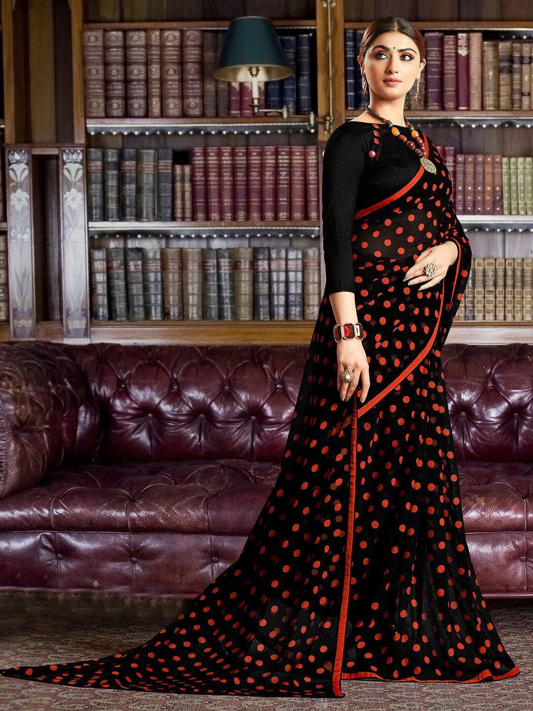 

Shaily Polka Dot Printed Brasso Saree, Black