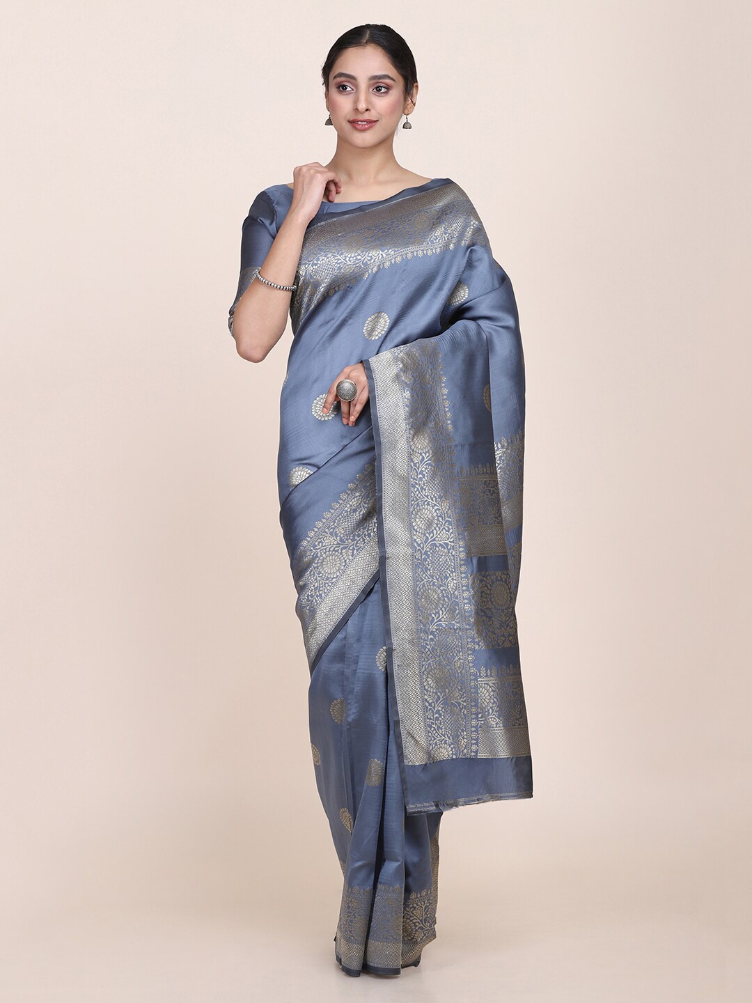 

Shaily Floral Woven Design Zari Saree, Grey