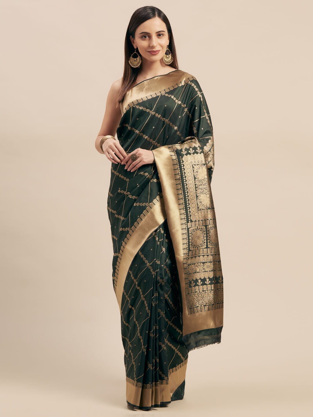 

Shaily Checked Woven Design Zari Saree, Green