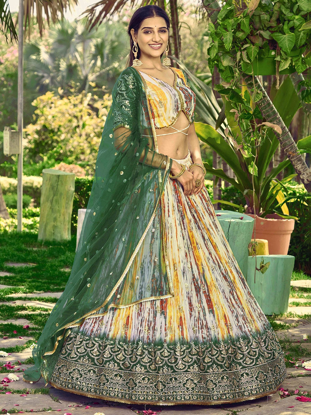 

FABPIXEL Printed Sequinned Semi-Stitched Lehenga & Unstitched Blouse With Dupatta, Green