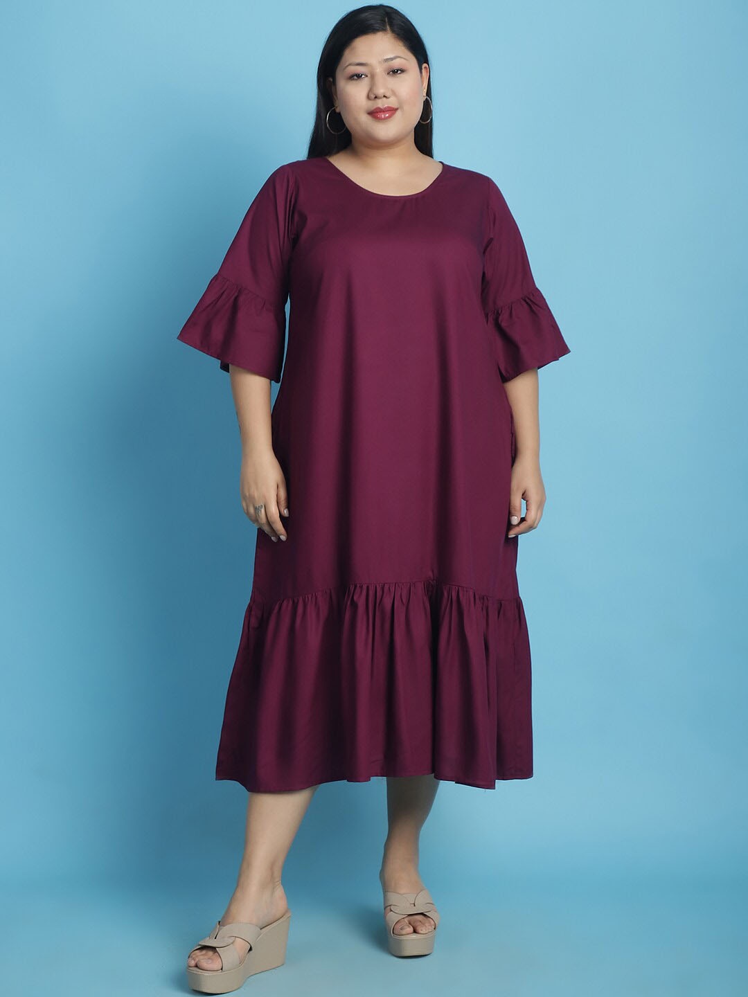 

theRebelinme Plus Size Flared Sleeve A-Line Midi Dress, Burgundy