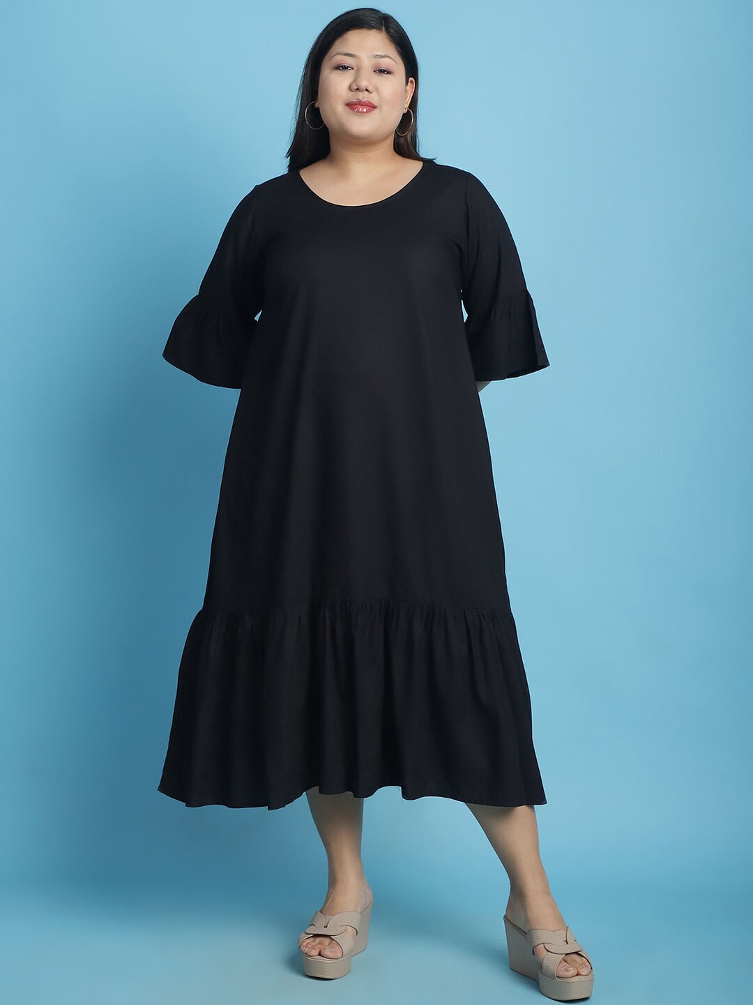 

theRebelinme Plus Size Bell Sleeve A-Line Midi Dress, Black