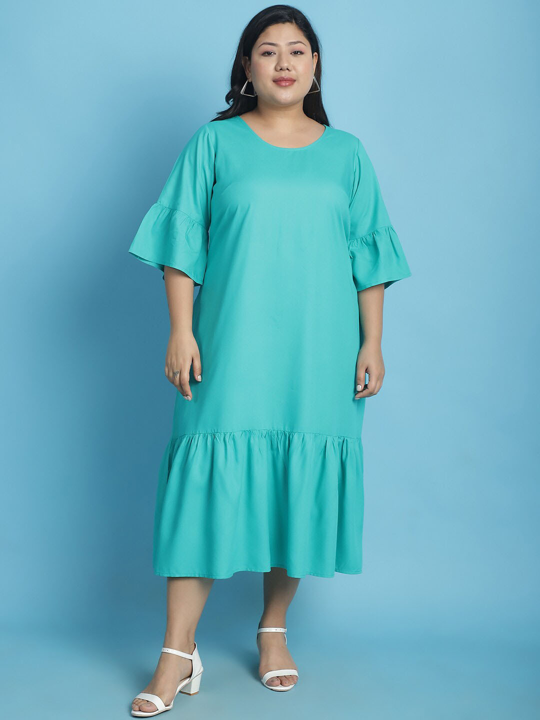 

theRebelinme Plus Size Flared Sleeve A-Line Midi Dress, Teal