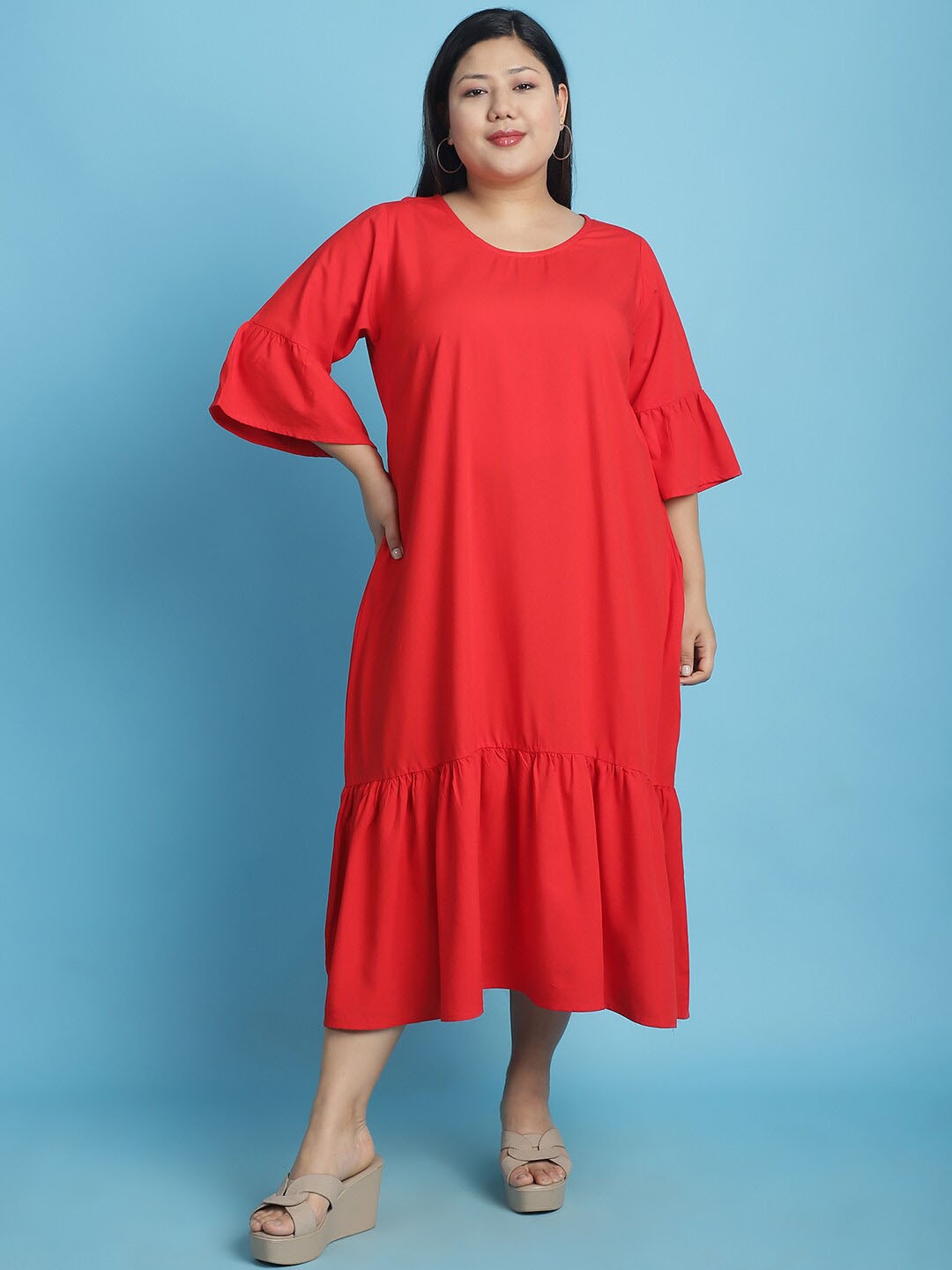 

theRebelinme Plus Size Bell Sleeve A-Line Midi Dress, Red