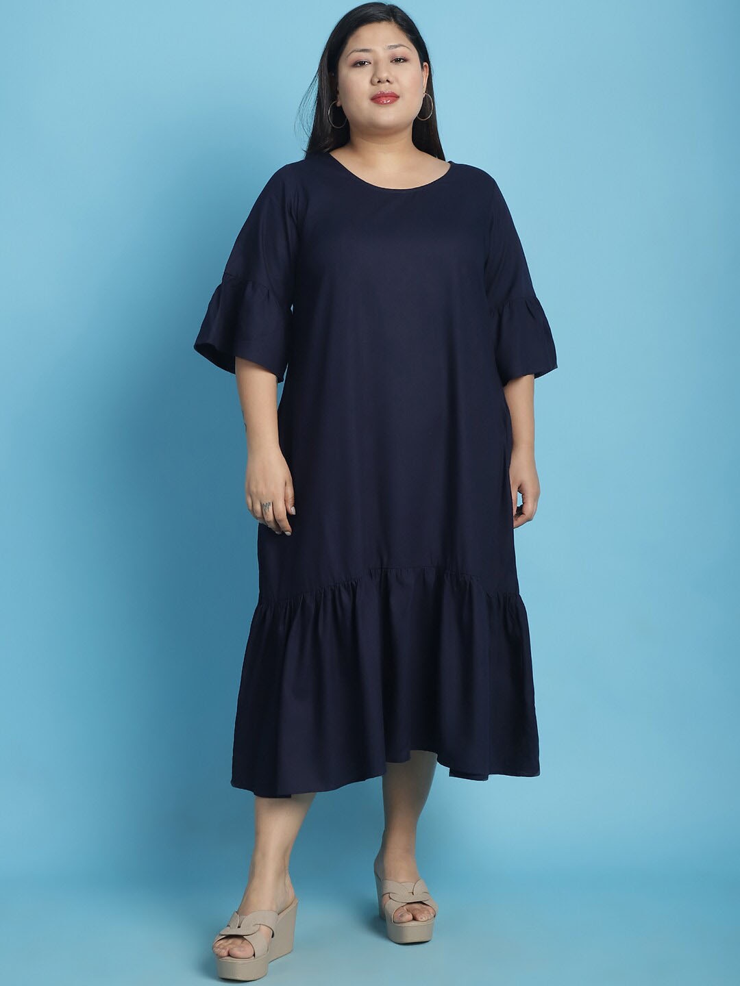 

theRebelinme Plus Size Bell Sleeve Drop-Waist Midi Dress, Navy blue