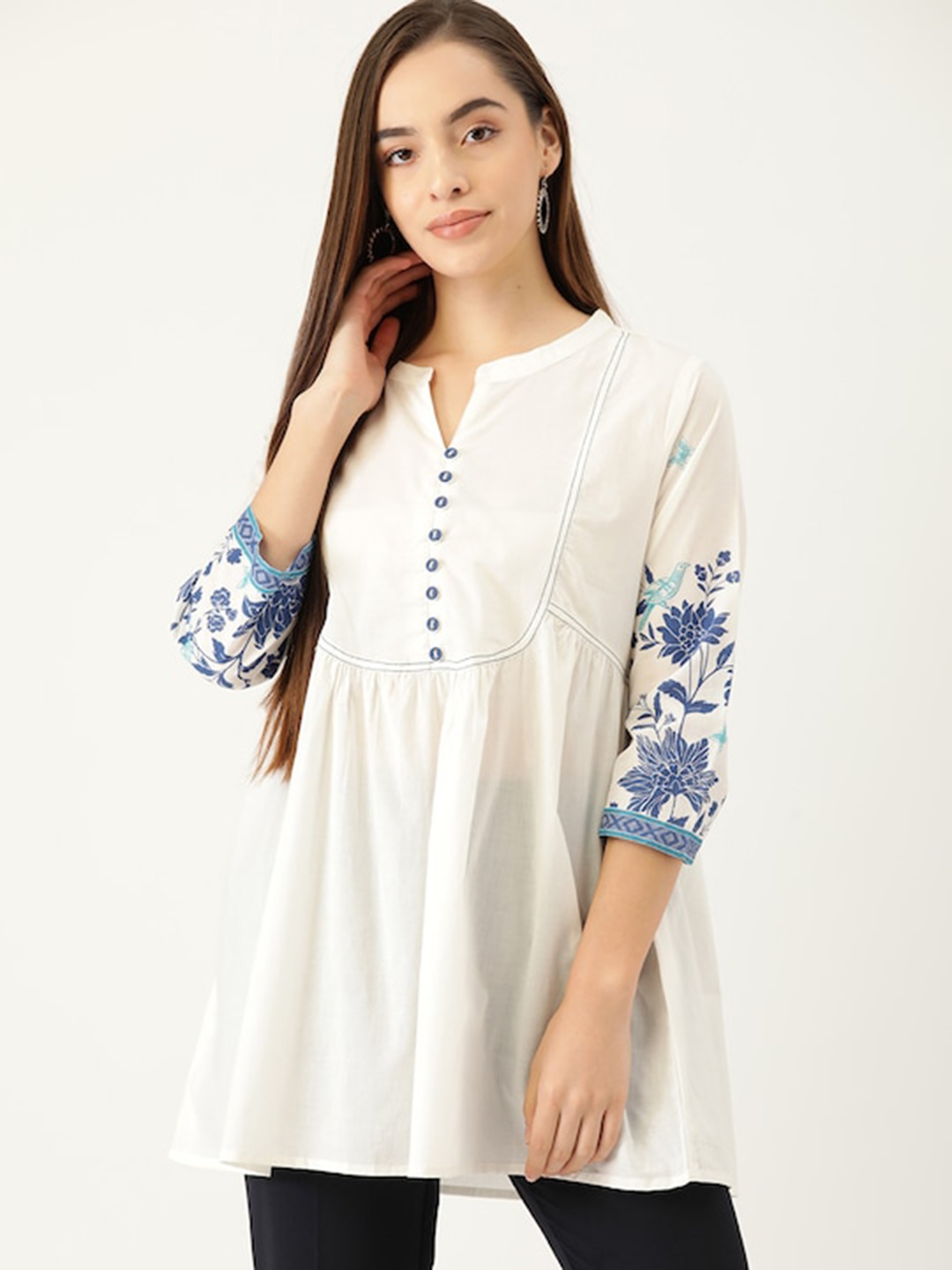 

BAESD Mandarin Collar Cotton Empire Longline Top, White