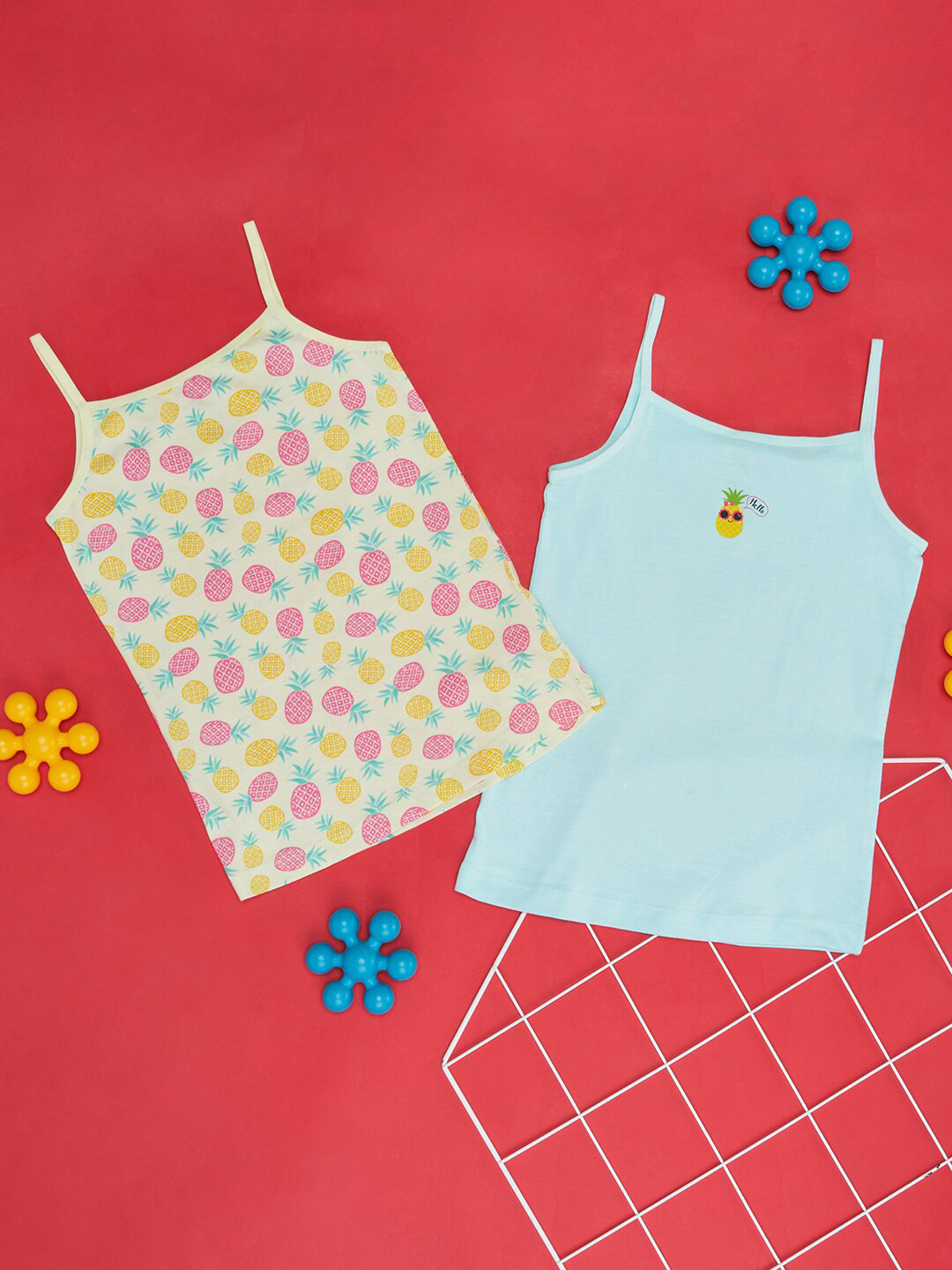 

Pantaloons Junior Girls Pack Of 2 Printed Pure Cotton Camisoles, Turquoise blue