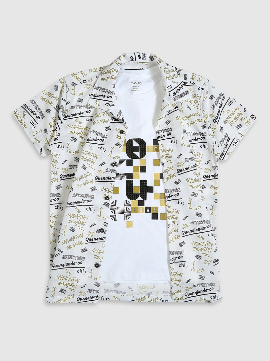 

CAVIO Boys Standard Graphic Printed Cotton Casual Shirt With T-Shirt, White