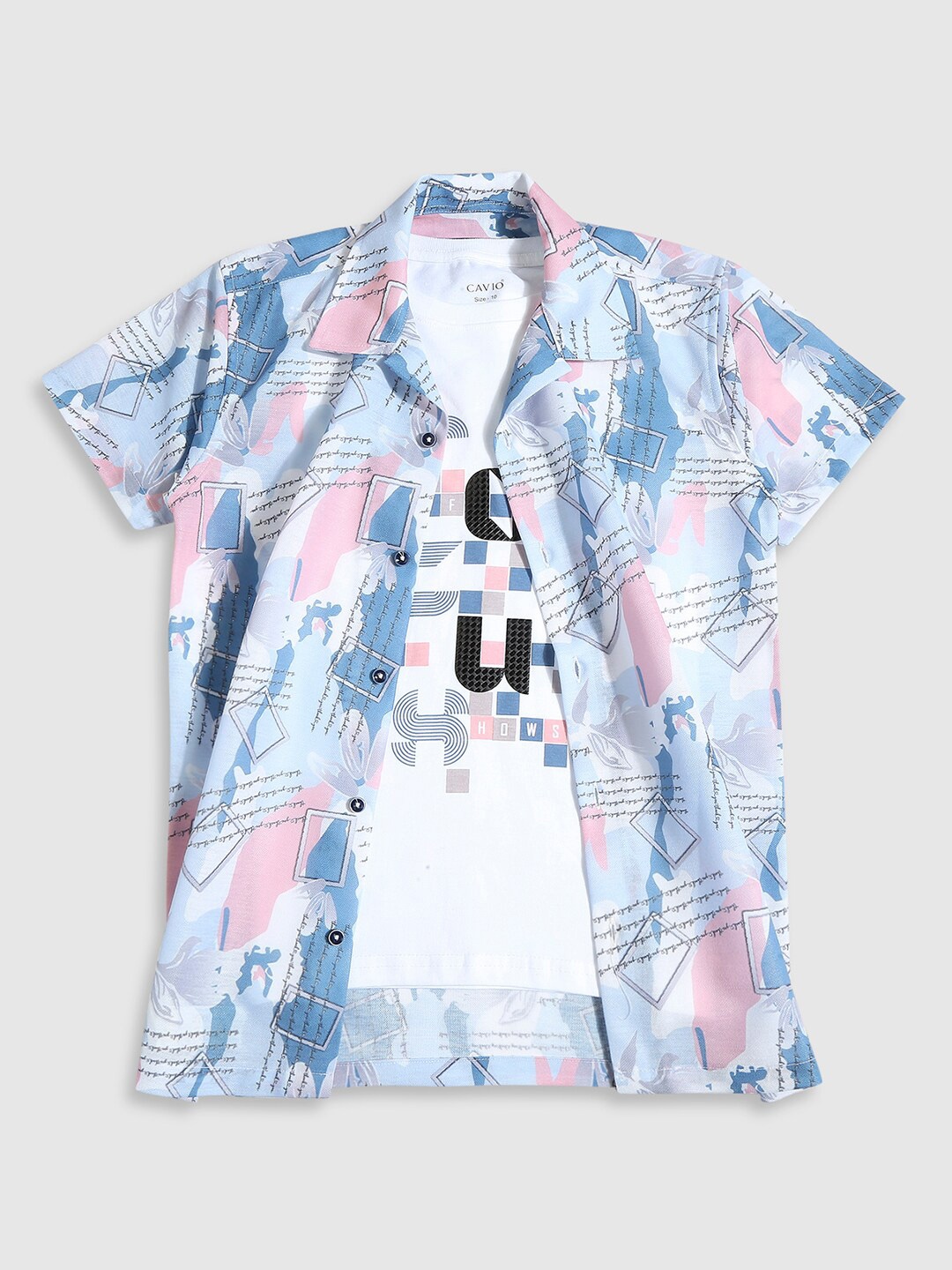 

CAVIO Boys Standard Fit Typography Printed Casual Pure Cotton Shirt With T-shirt, Blue