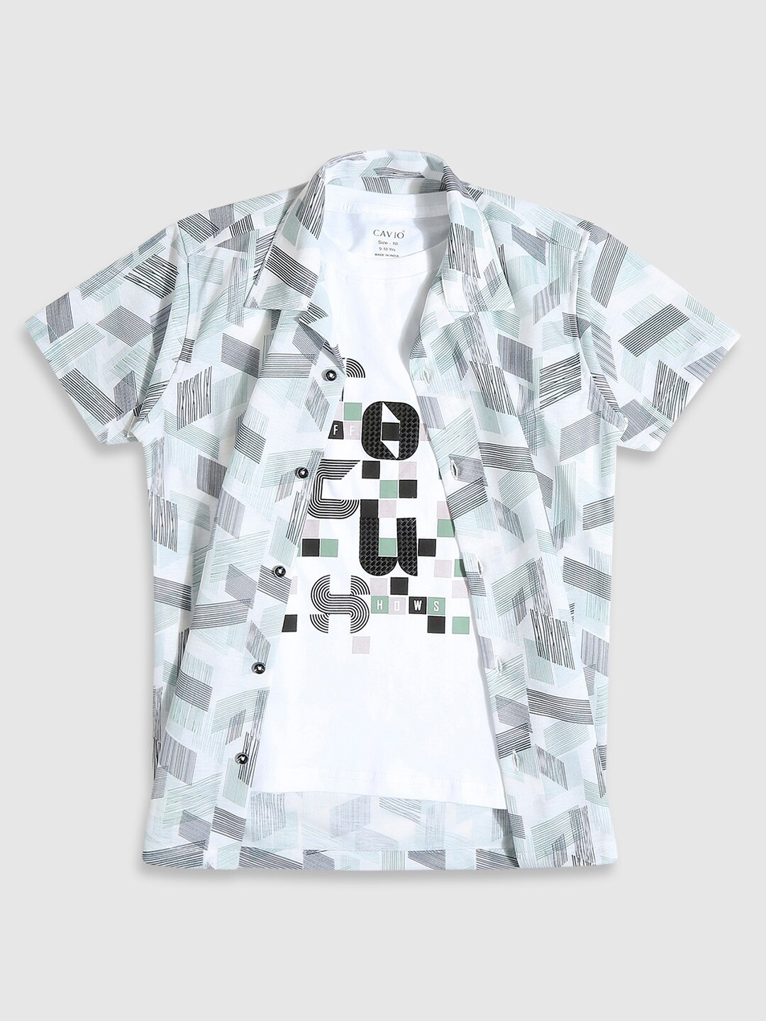 

CAVIO Boys Standard Printed Pure Cotton Casual Shirt with T-Shirt, Green