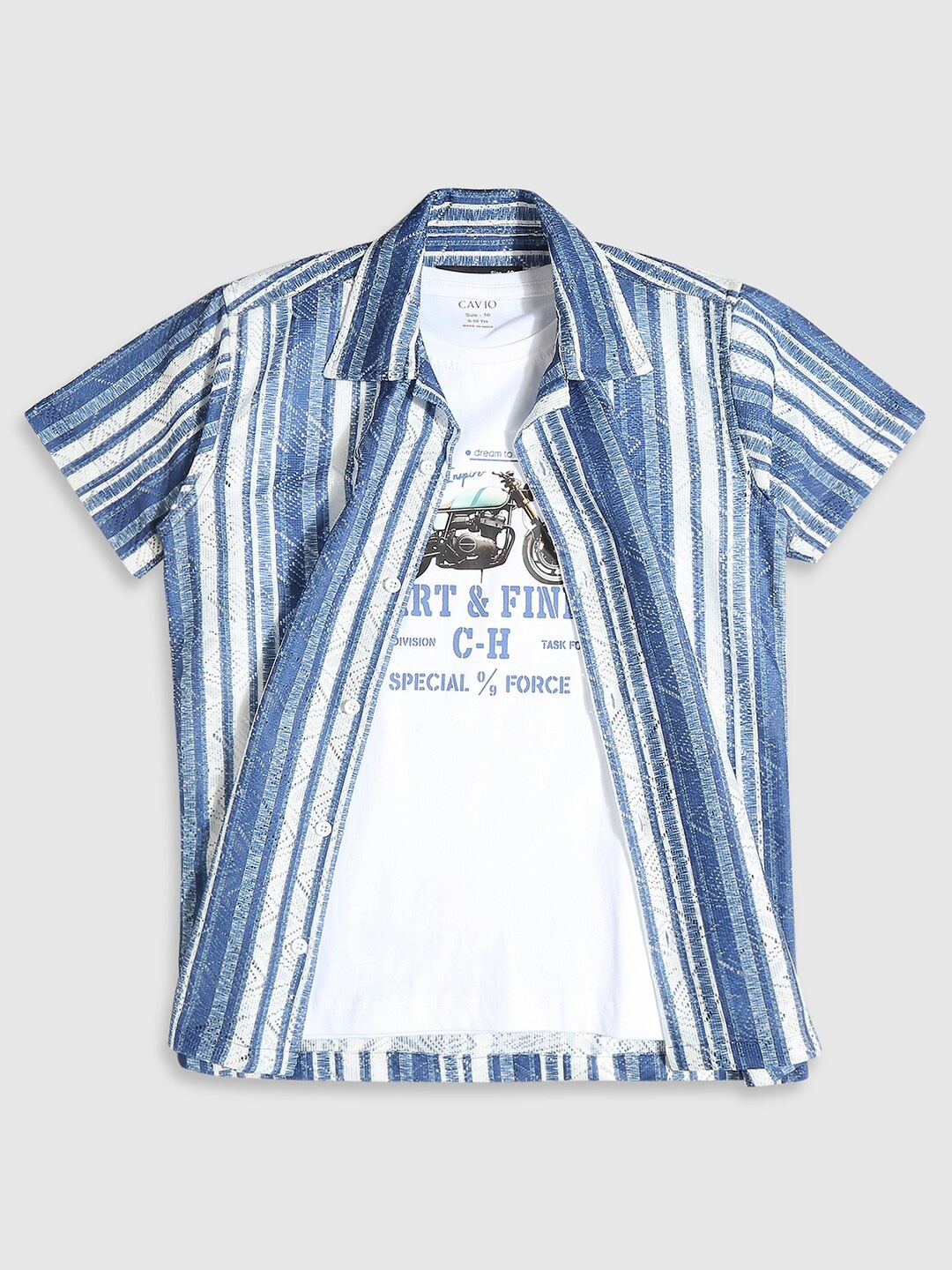 

CAVIO Boys Standard Printed Pure Cotton Casual Shirt and T-Shirt, Navy blue