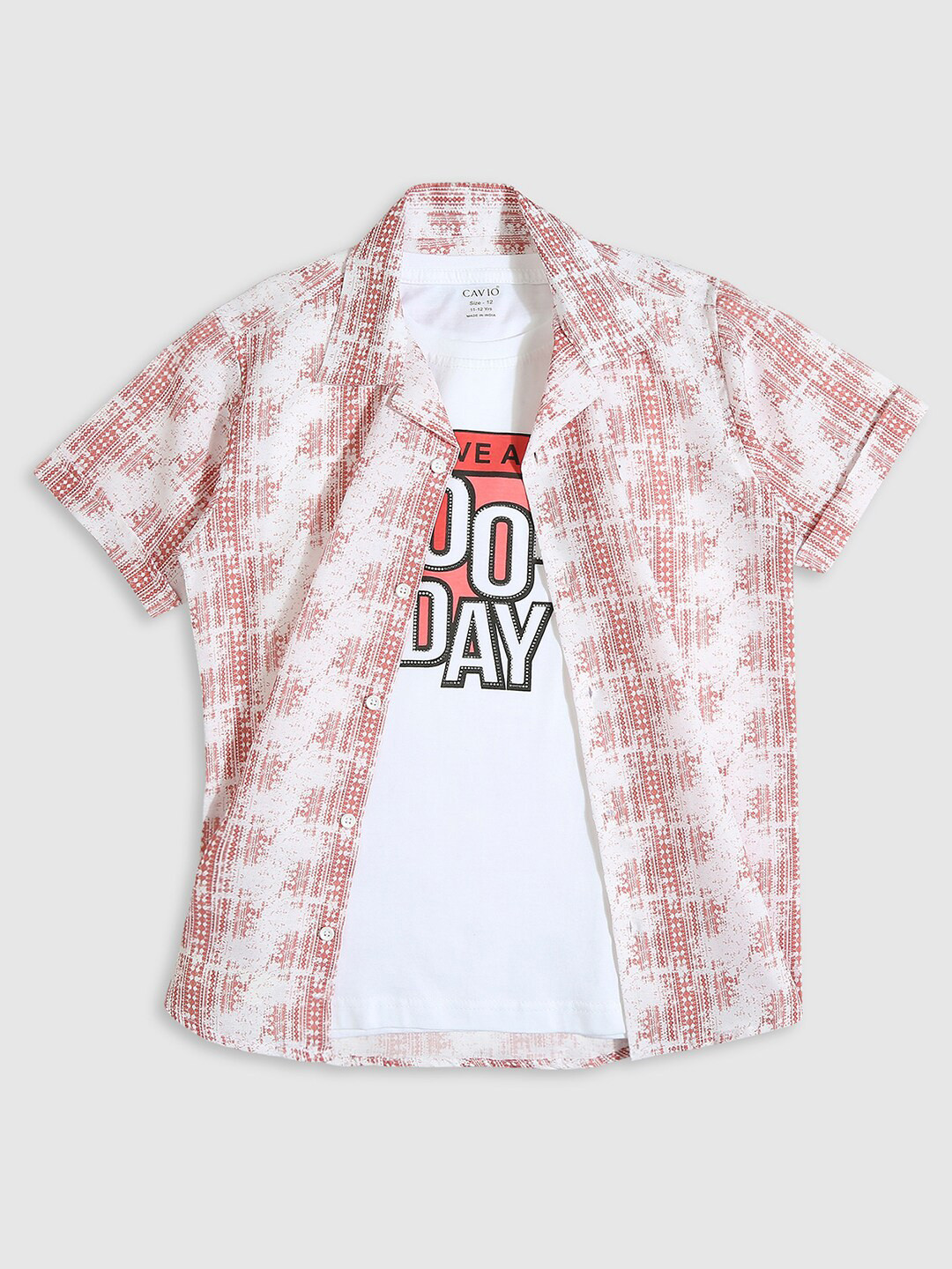 

CAVIO Boys Standard Printed Pure Cotton Casual Shirt with T-Shirt, Orange