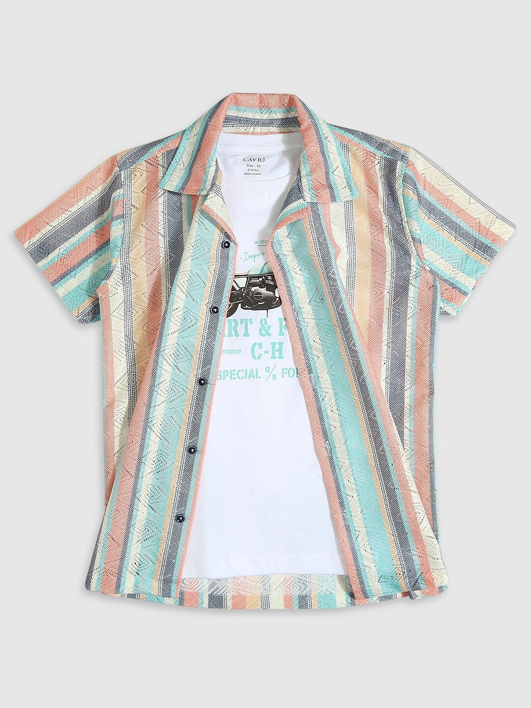 

CAVIO Boys Standard Printed Pure Cotton Casual Shirt with T-Shirt, Orange