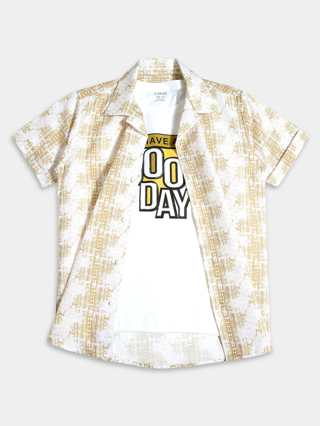 

CAVIO Boys Standard Fit Abstract Printed Casual Pure Cotton Shirt With T-shirt, Gold