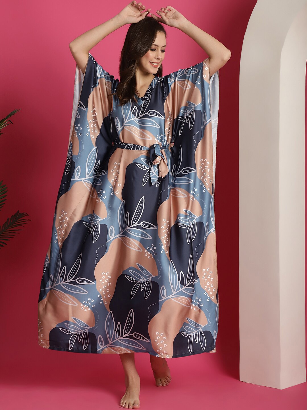 

Claura Printed Silk Satin Kaftan Nightdress, Blue