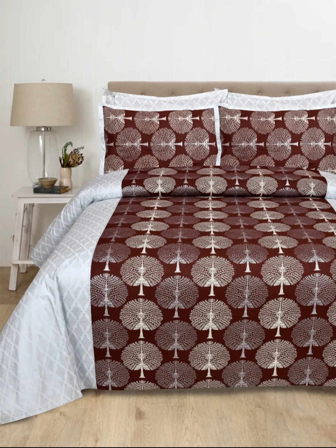 

LIVING ROOTS Super King Size Jaipur Block Print Cotton Double Bedsheet & 2 Pillow Covers, Maroon